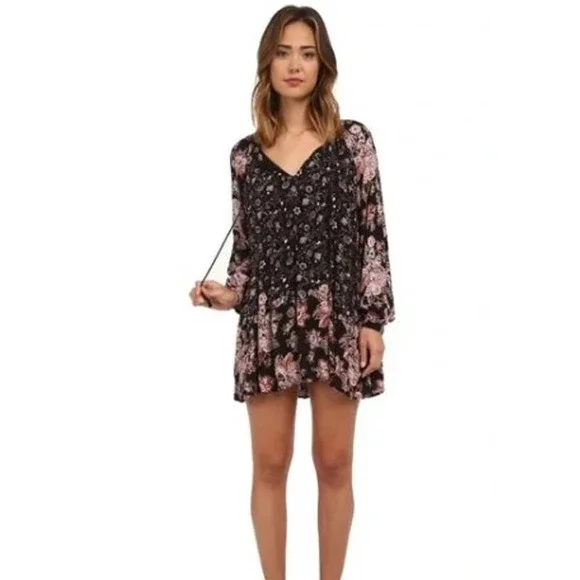 Free People | Dresses | Free People Womens Lucky Loosey Boho Swing Mini  Dress Black Floral Size Xs | Poshmark